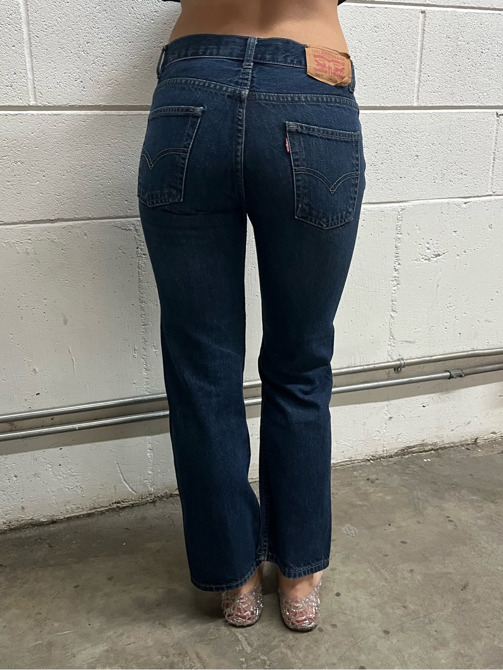 Levis dark wash straight leg low rise jeans